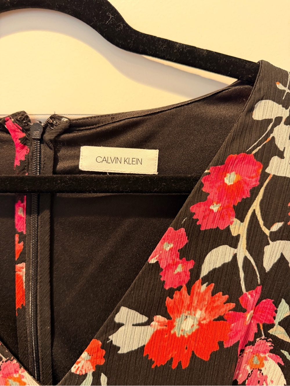 Calvin Klein Black Dress with Red and Pink Floral Print